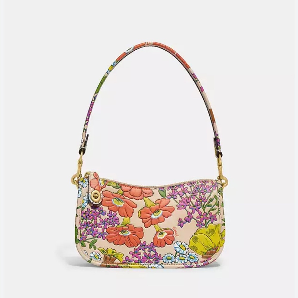Coach Floral Print Shoulder Bag in Cream, Orange, Green, Pink - Picture 7 of 15